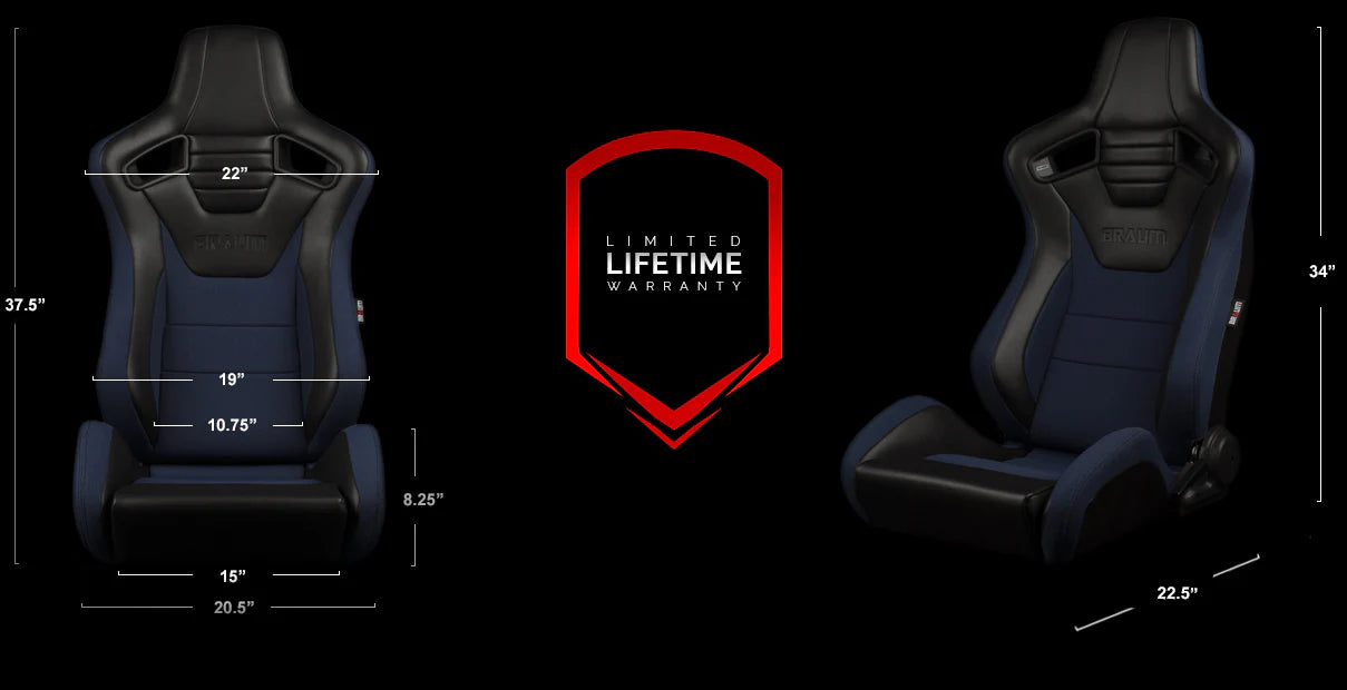 BRAUM ELITE-S Series Sport Reclinable Seats (Black Leatherette | Blue Cloth) – Priced Per Pair