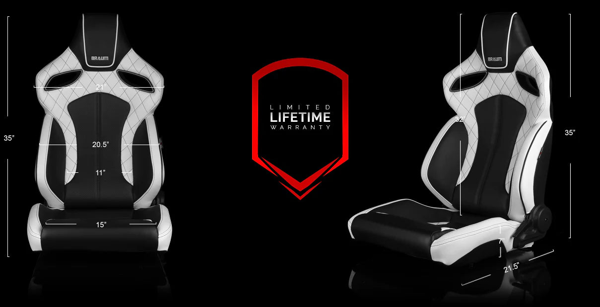 BRAUM ORUE Series Sport Reclinable Seats (White Leatherette | Diamond | Black Trim) – Priced Per Pair