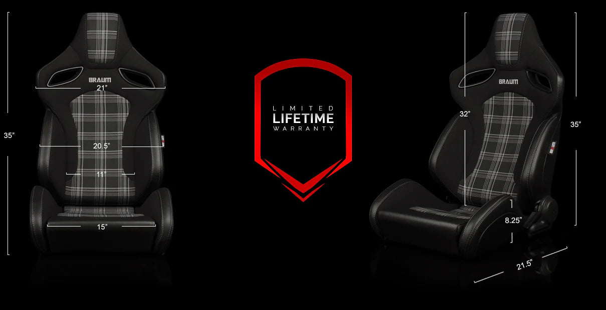 BRAUM ORUE-S Series Sport Reclinable Seats (Black Leatherette | Grey Plaid) – Priced Per Pair