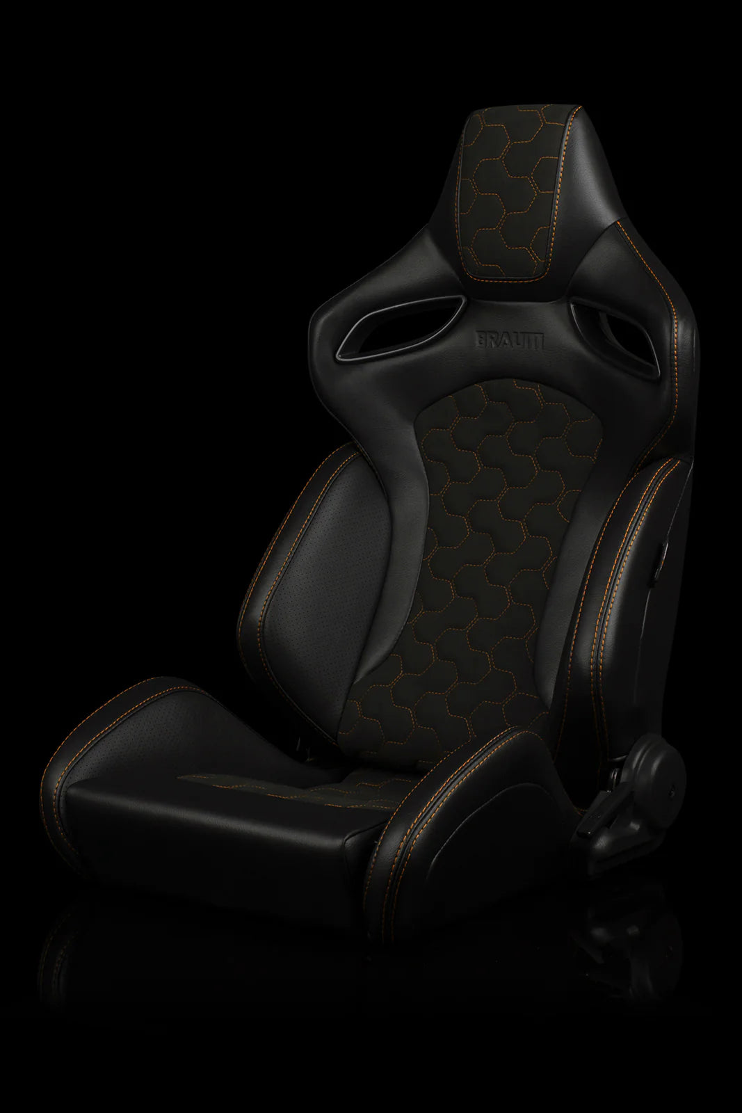 BRAUM ORUE-S Series Sport Reclinable Seats (Black Leatherette | Honeycomb Alcantara | Orange Stitching) – Priced Per Pair