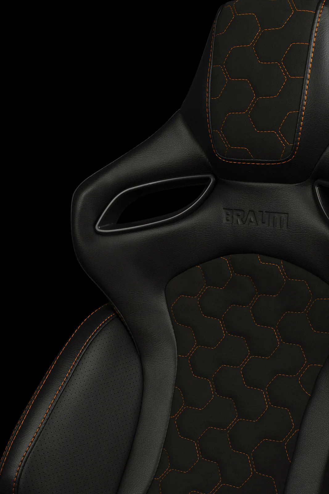 BRAUM ORUE-S Series Sport Reclinable Seats (Black Leatherette | Honeycomb Alcantara | Orange Stitching) – Priced Per Pair