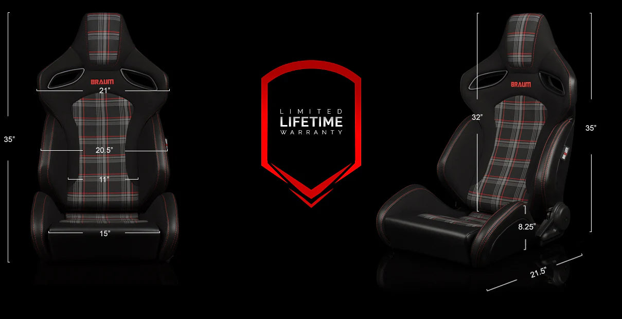 BRAUM ORUE-S Series Sport Reclinable Seats (Black Leatherette | Red Plaid) – Priced Per Pair