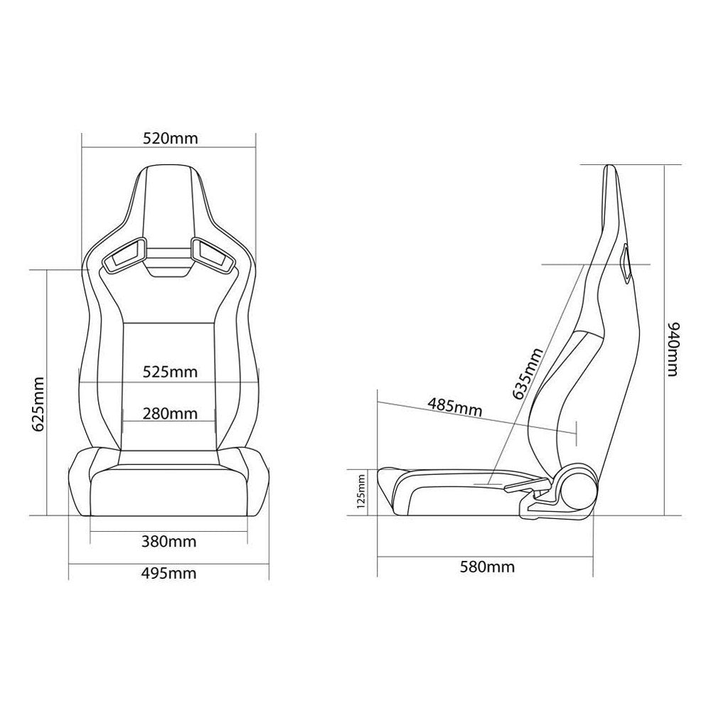 BRAUM ELITE V2 Series Sport Reclinable Seats (Black Leatherette | Grey Plaid Fabric | Low Bolster Version) - Priced Per Pair