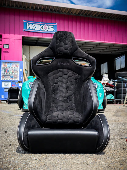 BRAUM ORUE-S Series Sport Reclinable Seats (Black Leatherette | Honeycomb Alcantara | White Stitching) - Priced Per Pair