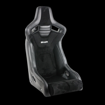 BRAUM ELITE-R Fixed Back Bucket Seat (Black Leatherette | Black Alcantara | White Stitching) – Priced Per Seat