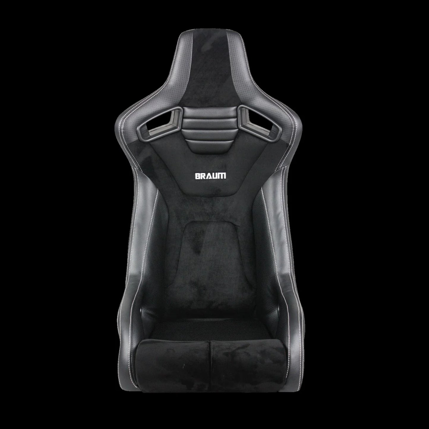 BRAUM ELITE-R Fixed Back Bucket Seat (Black Leatherette | Black Alcantara | White Stitching) – Priced Per Seat