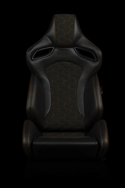 BRAUM ORUE-S Series Sport Reclinable Seats (Black Leatherette | Honeycomb Alcantara | Orange Stitching) – Priced Per Pair