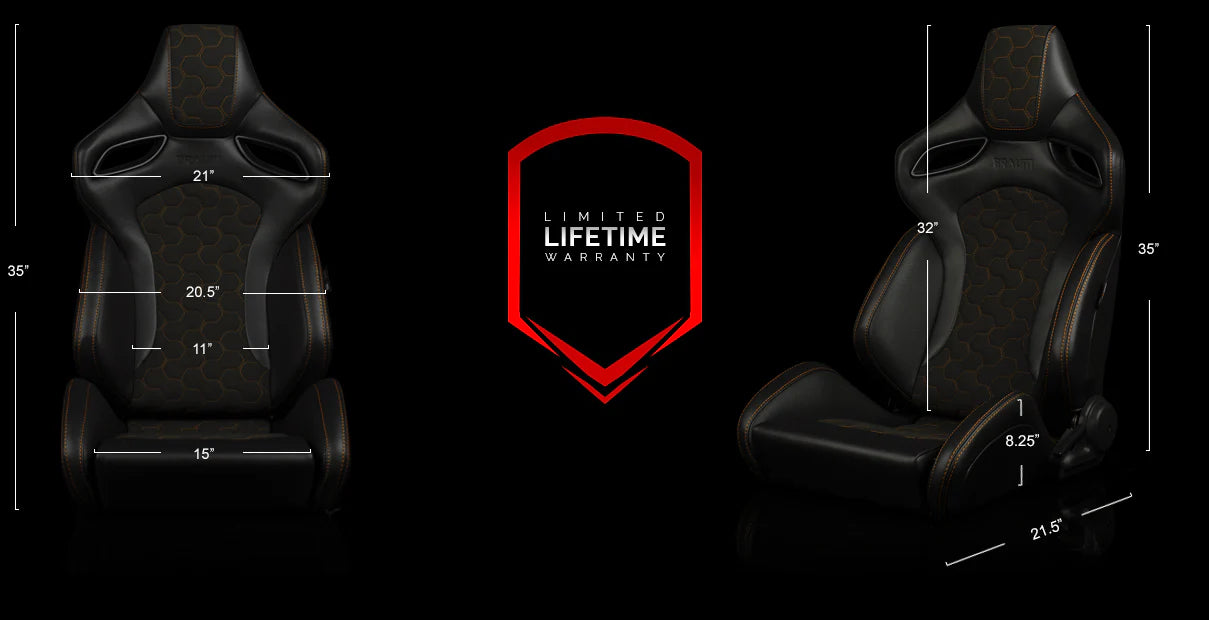 BRAUM ORUE-S Series Sport Reclinable Seats (Black Leatherette | Honeycomb Alcantara | Orange Stitching) – Priced Per Pair