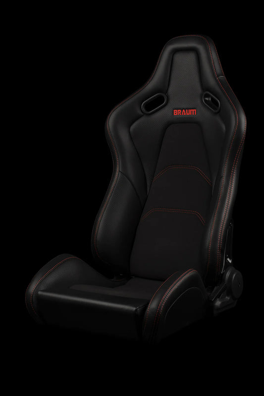 BRAUM FALCON-S Series Reclinable Composite Seats Black - Leatherette | Alcantara Inserts | Red Stitching - Pair