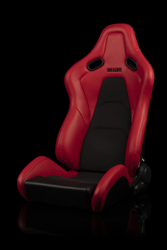 BRAUM FALCON-S Series Reclinable Composite Seats (Red Leatherette | Alcantara Inserts | Black Stitching) – Priced Per Pair