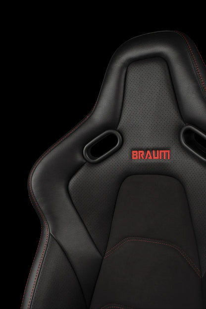 BRAUM FALCON-S Series Fixed Back Bucket Composite Seat (Black Leatherette | Alcantara Inserts | Red Stitching) - Priced Per Seat