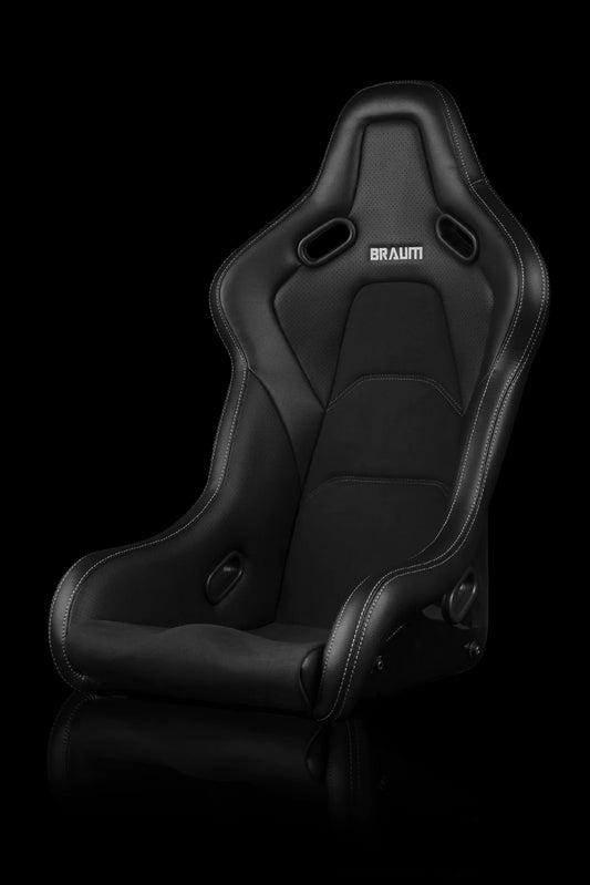 BRAUM FALCON-S Series Fixed Back Bucket Composite Seat (Black Leatherette | Alcantara Inserts | White Stitching) - Priced Per Seat