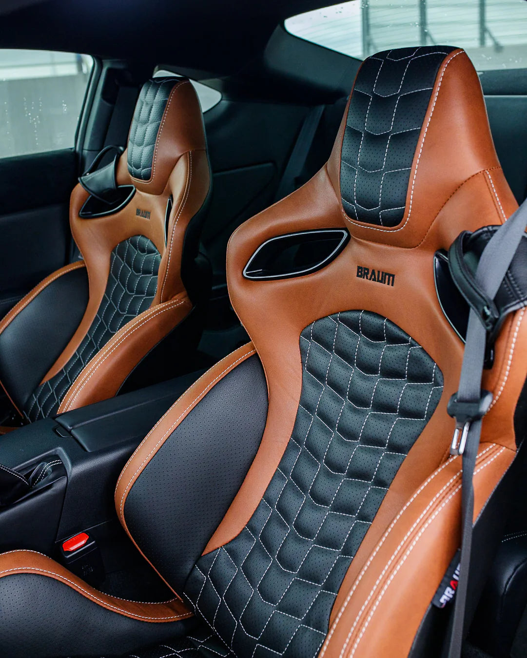 BRAUM ORUE-S Series Sport Reclinable Seats (Saddle Tan Leatherette | Rhombus Quilted | White Stitching) – Priced Per Pair