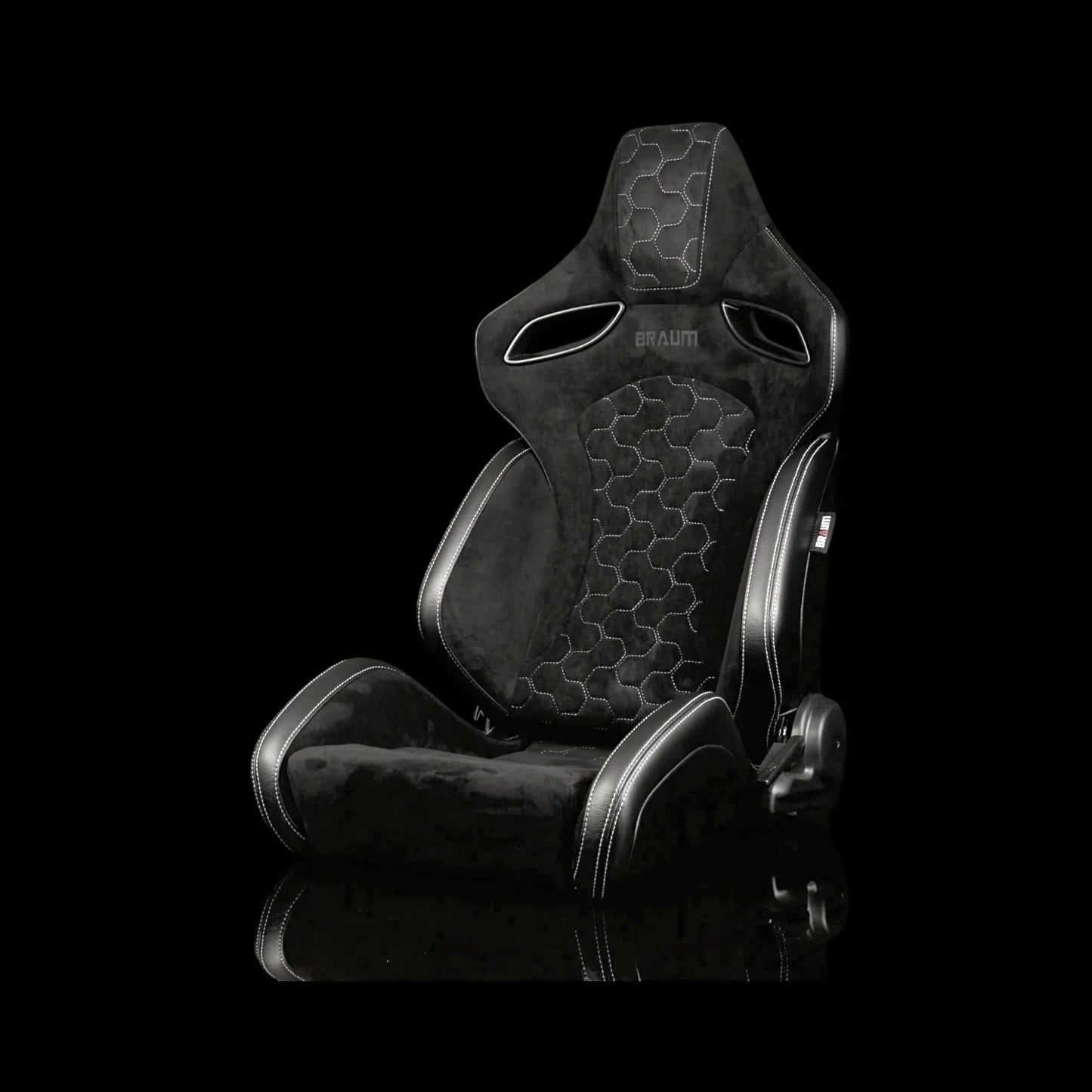 BRAUM ORUE-S Series Sport Reclinable Seats (Black Leatherette | Honeycomb Alcantara | White Stitching) - Priced Per Pair