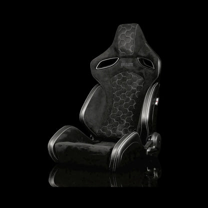 BRAUM ORUE-S Series Sport Reclinable Seats (Black Leatherette | Honeycomb Alcantara | White Stitching) - Priced Per Pair