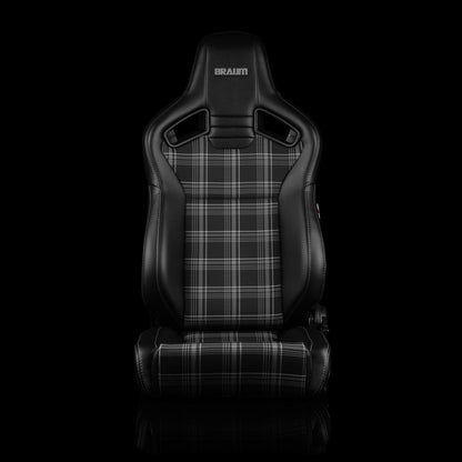 BRAUM ELITE V2 Series Sport Reclinable Seats (Black Leatherette | Grey Plaid Fabric | Low Bolster Version) - Priced Per Pair