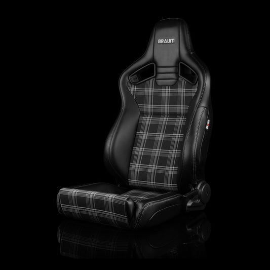 BRAUM ELITE V2 Series Sport Reclinable Seats (Black Leatherette | Grey Plaid Fabric | Low Bolster Version) - Priced Per Pair