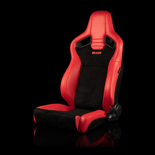 BRAUM ELITE V2 Series Sport Reclinable Seats (Red Leatherette | Black Suede | Low Bolster Version) - Priced Per Pair