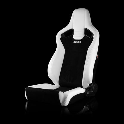 BRAUM ELITE V2 Series Sport Reclinable Seats (White Leatherette | Black Suede | Low Bolster Version) - Priced Per Pair